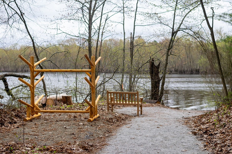 Kayak and canoe landing on the Concord River at Mass Audubon's Brewster's Woods Wildlife Sanctuary